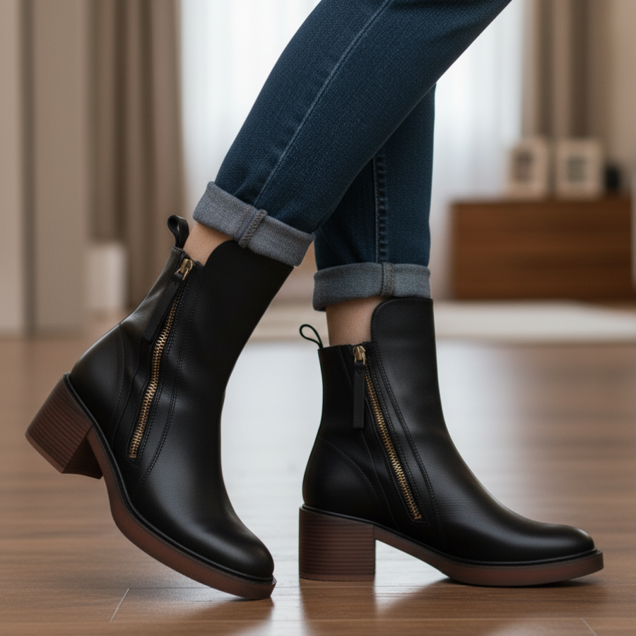 Valorine™ | Schwarzer Lederstiefel mit bequemem Absatz, elegant und zeitlos