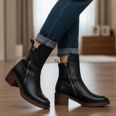 Valorine™ | Schwarzer Lederstiefel mit bequemem Absatz, elegant und zeitlos