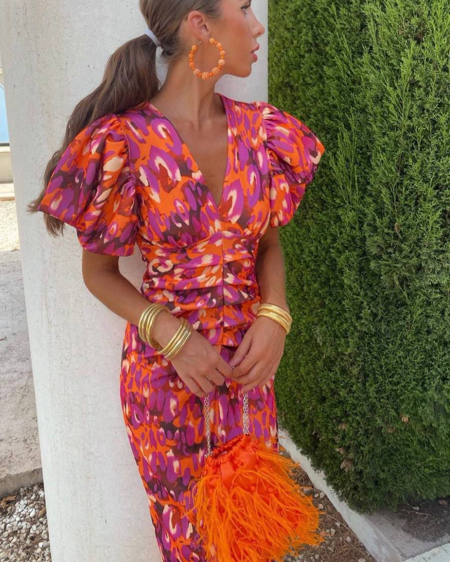 Simone | Elegantes Kleid mit V-Ausschnitt und Puffärmeln