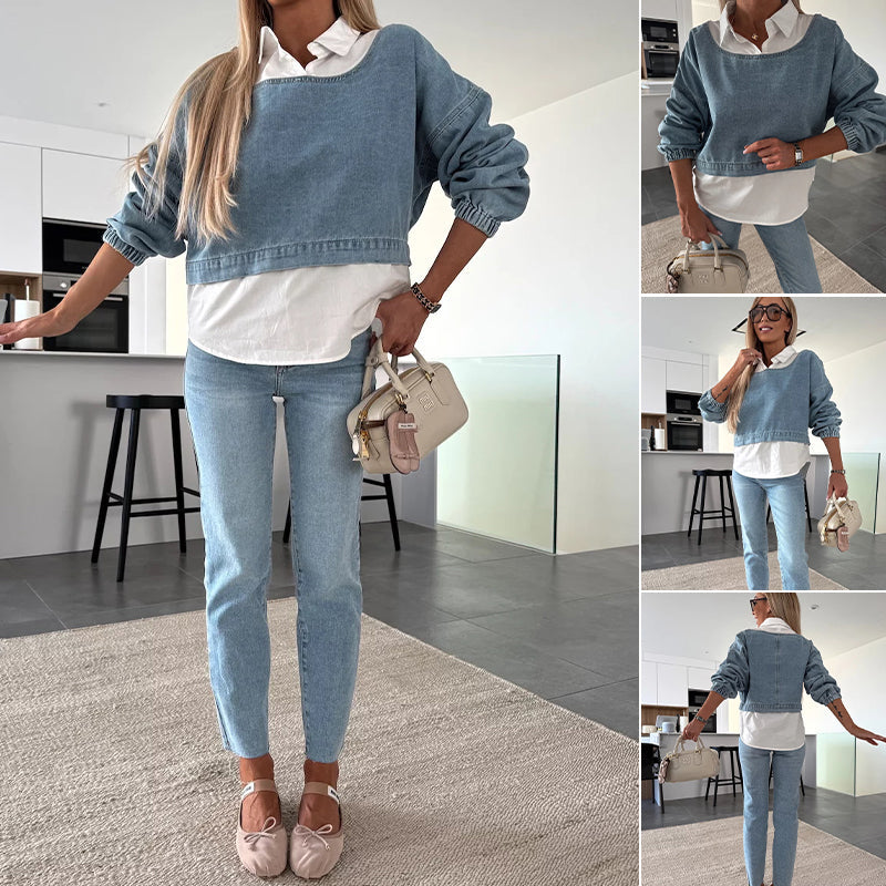 Avantgardistischer Denim: Das Outfit aus mehreren Teilen, das Trends setzt